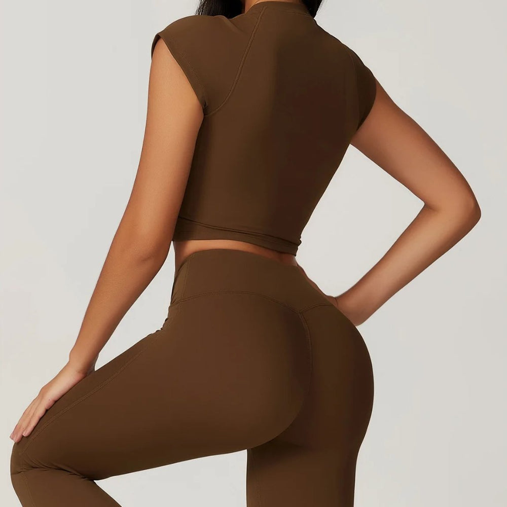 Freya Form-Fitting Crop Top And Fitted Flare Flare Leggings Two-Piece Set | Crewneck Cap Sleeve Crop Top And Flare Leggings