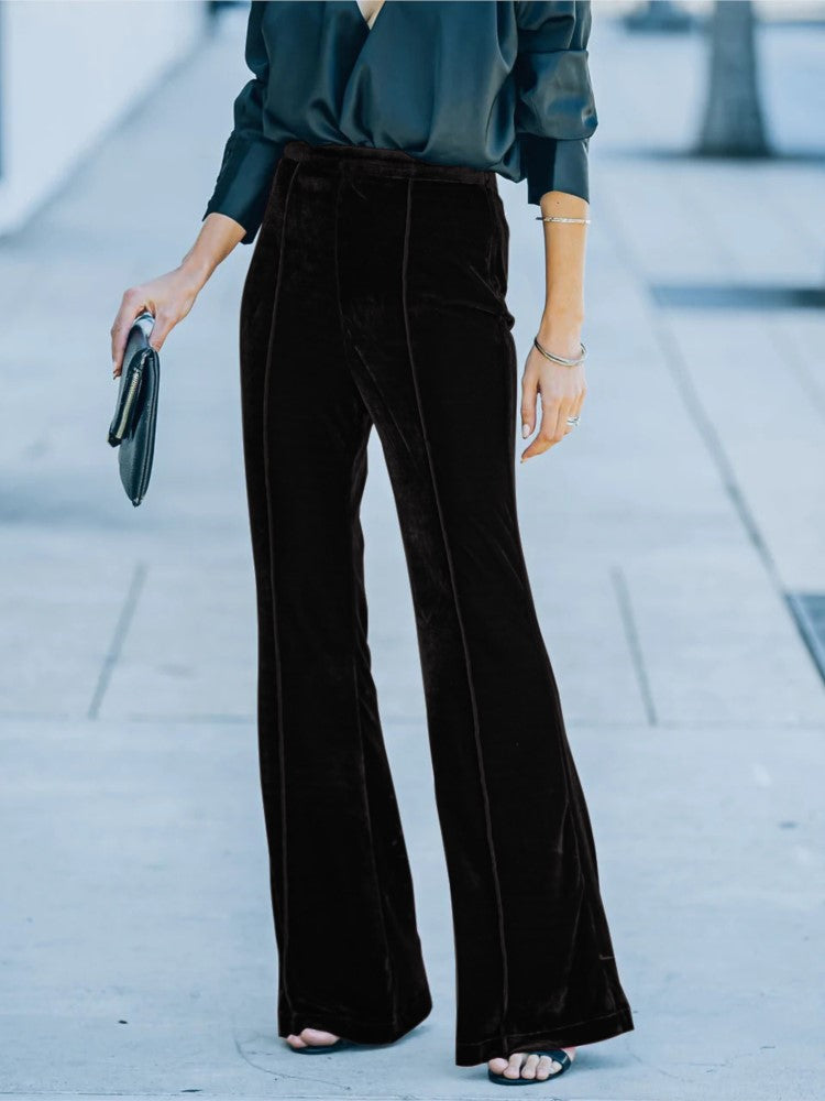Women's Chic High Waisted Velvet Wide Leg Pants - BritishElegance