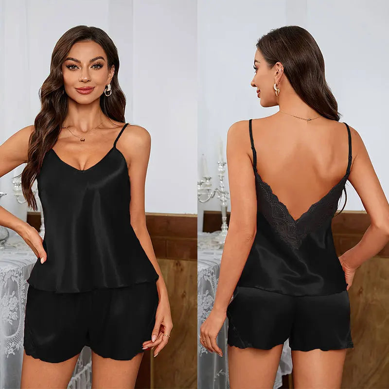 Sleeveless Satin Lace Cami Shorts Set