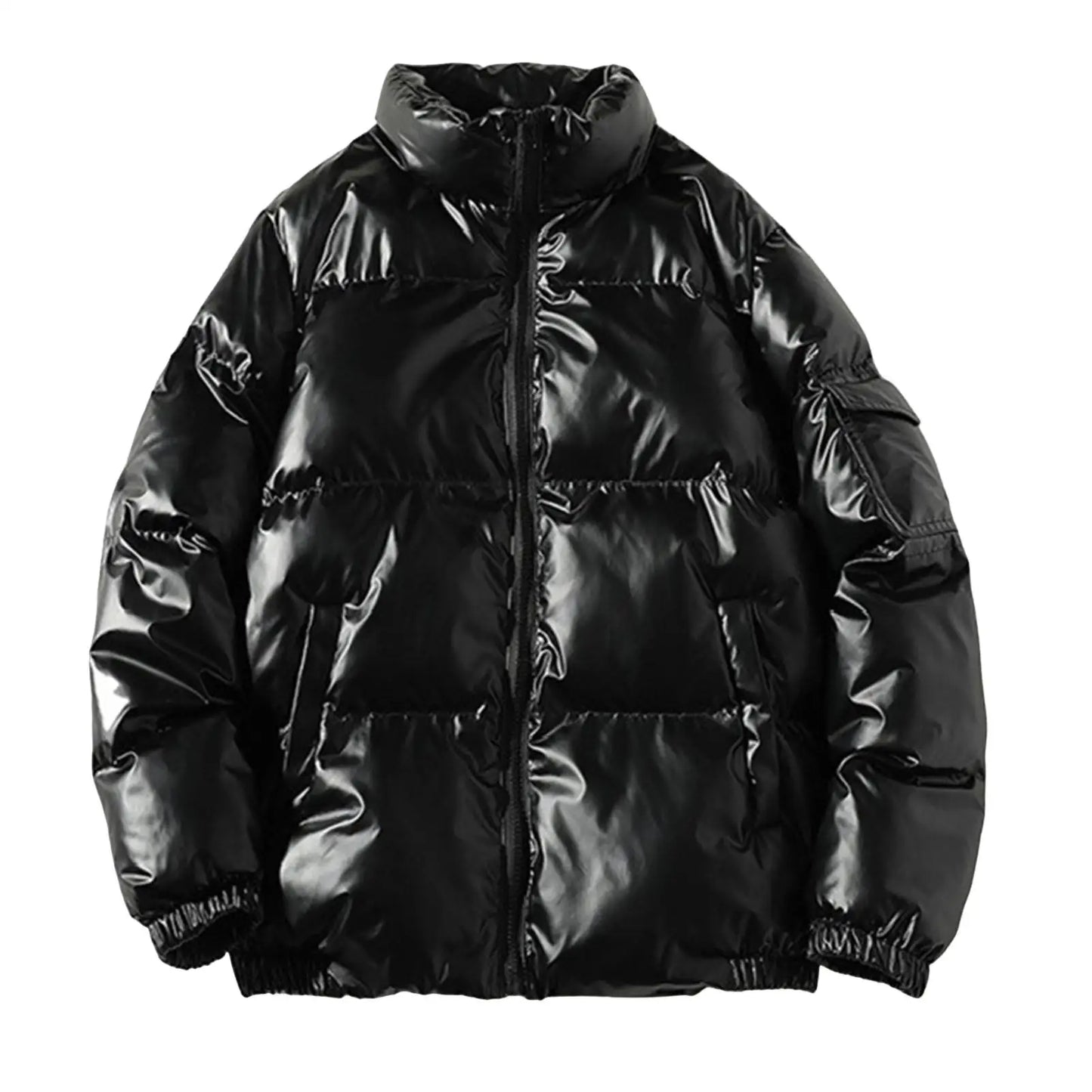 Men’s High Shine Metallic Puffer Jacket with Stand Collar