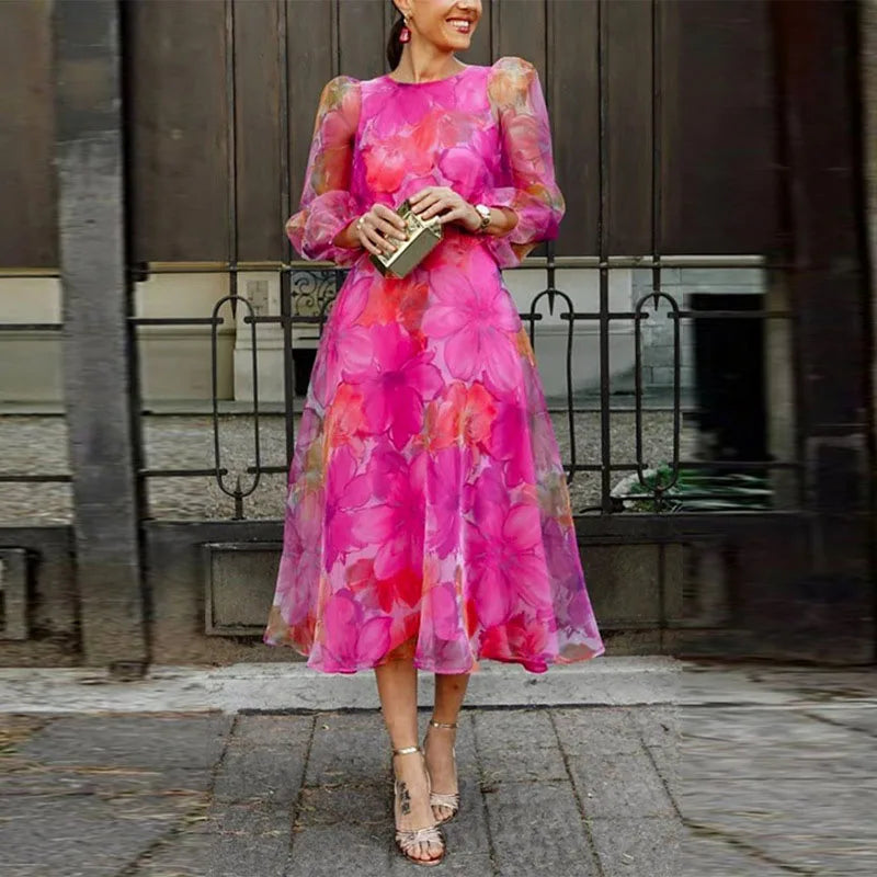Elegant Floral Tea Length Party Dress for Ladies - BritishElegance