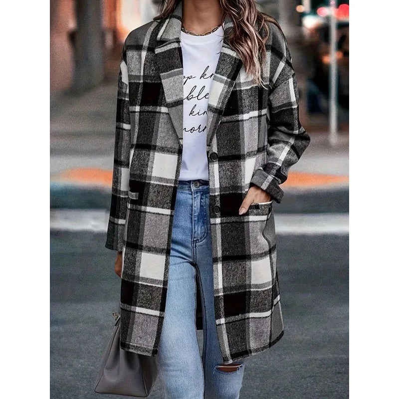 Classic Checked Wool Pea Coat for Ladies - BritishElegance
