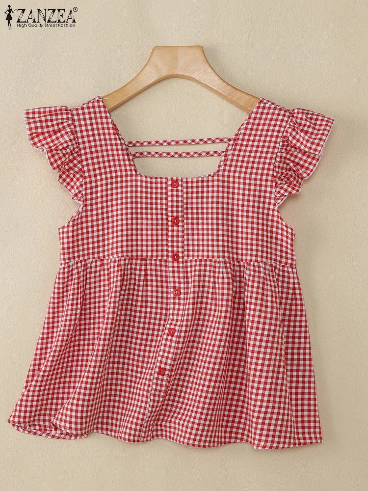 Chic Checked Off Shoulder Summer Top