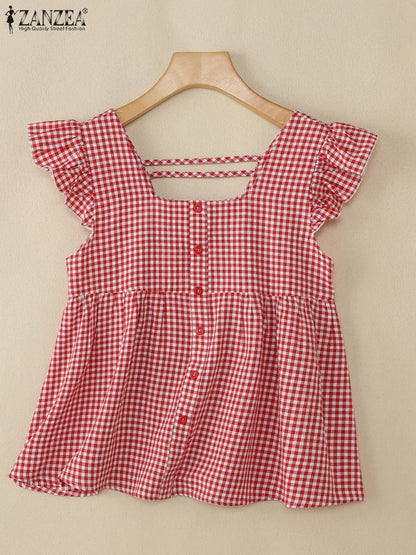 Chic Checked Off Shoulder Summer Top