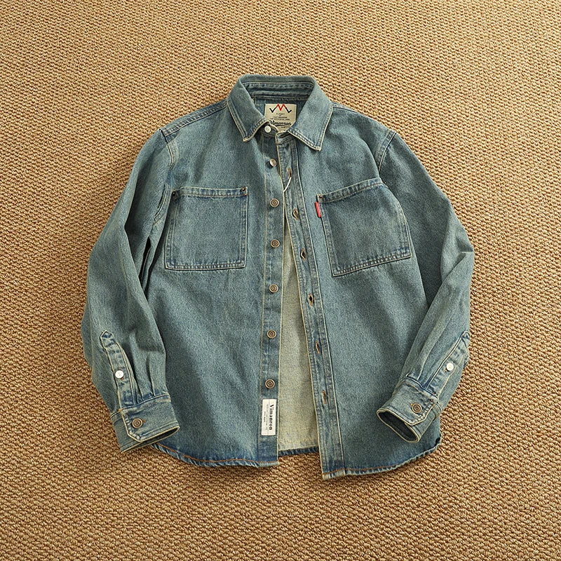 Classic Distressed Cotton Men's Denim Jacket Shirt