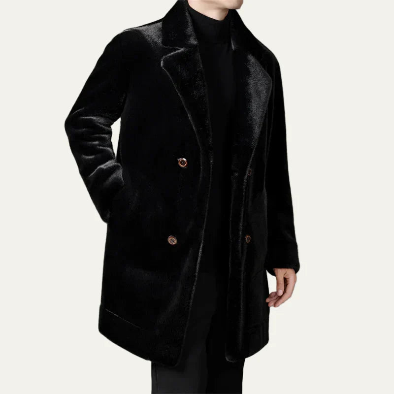 Men’s Double Breasted Faux Fur Mid Length Coat