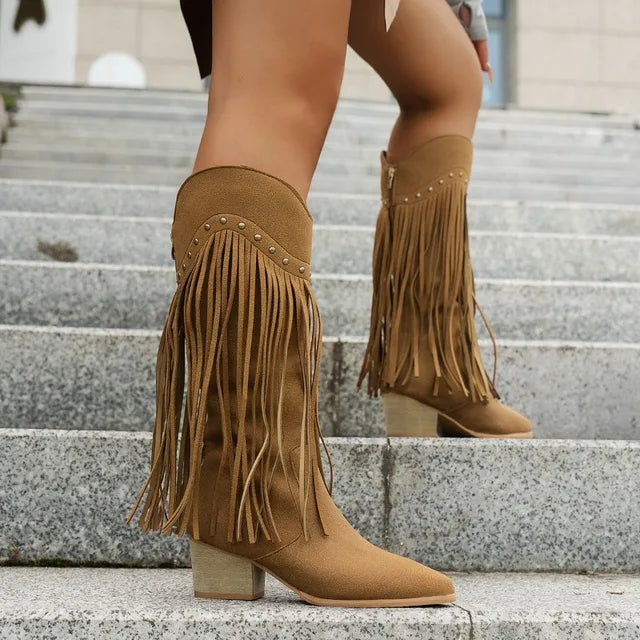 Trendy Fringed Cowboy Knee High Boots