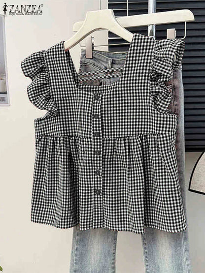 Chic Checked Off Shoulder Summer Top - BritishElegance