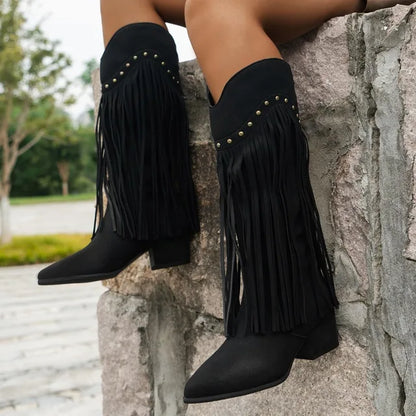 Trendy Fringed Cowboy Knee High Boots