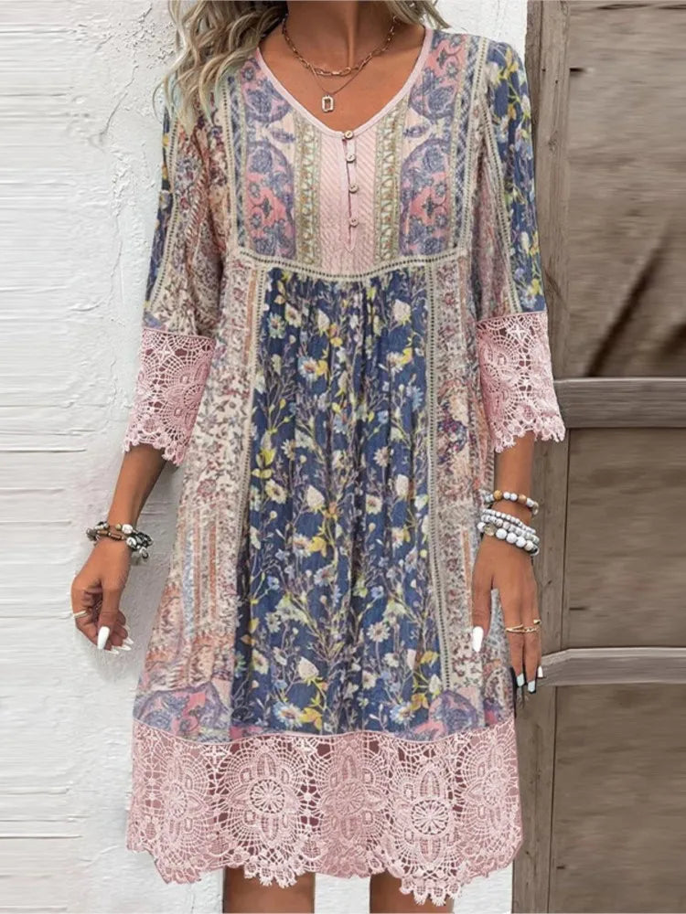 Elegant V-Neck Floral Tea Dress with Lace Trim - BritishElegance