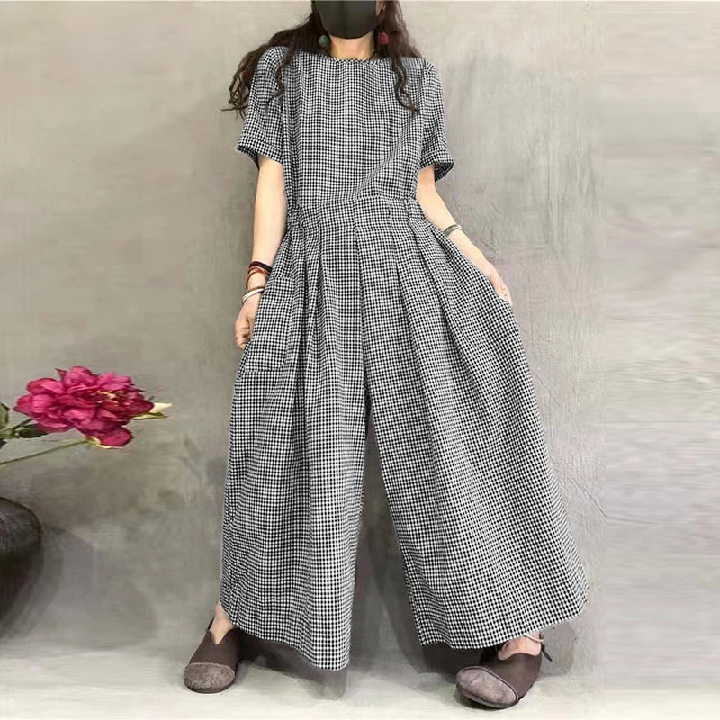 Classic Plaid Loose-Fit Jumpsuit - Relaxed Fit Romper
