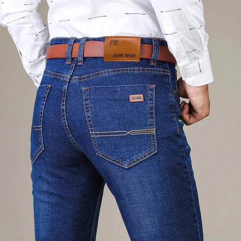 Comfortable Fit Straight Leg Men's Jeans - Dark Blue Cotton Denim - BritishElegance