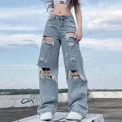 Distressed Women's Retro Street Style Cargo Jeans