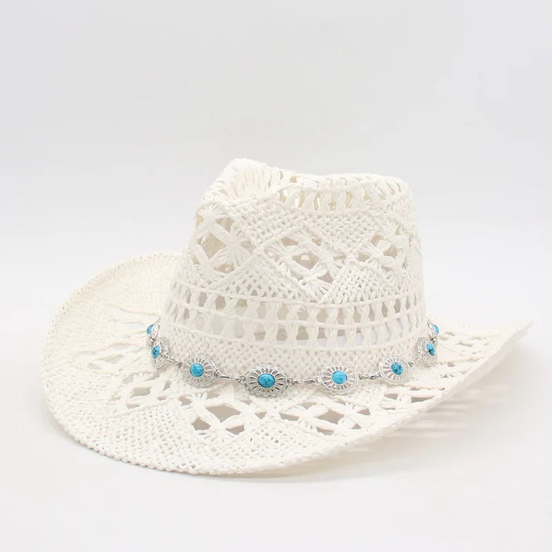 Rustic Natural Fiber Cowboy Hat - Brown Wooden Beads