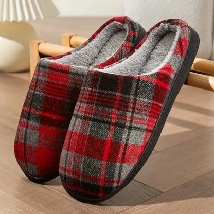 Men's Plaid Indoor Slippers with Plush Lining and Non-Slip Sole