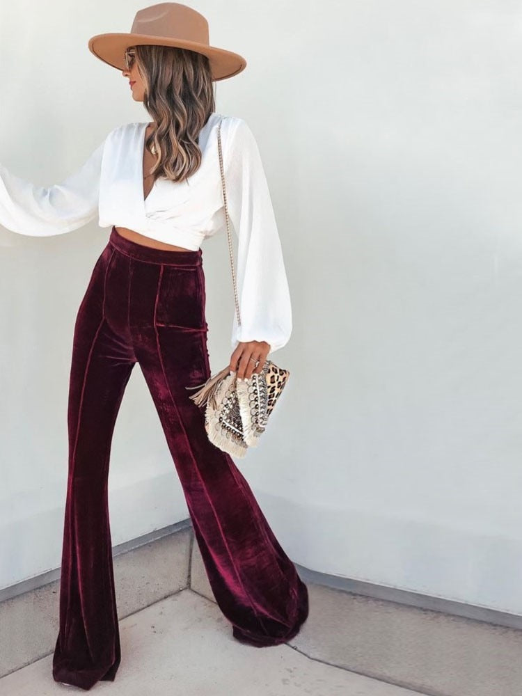 Women's Chic High Waisted Velvet Wide Leg Pants