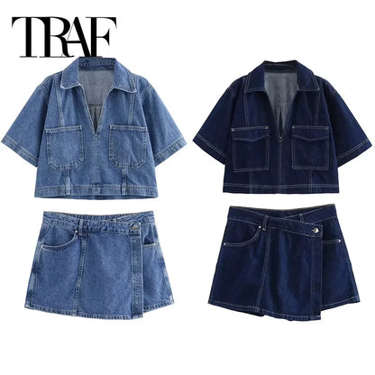 Navy Blue Jeans 2-Piece Outfit - BritishElegance