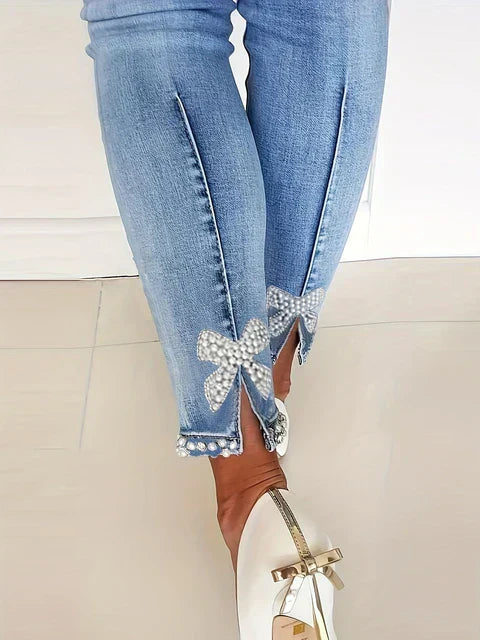 Fashionable Embellished Slim Fit Pearl Jeans for Women