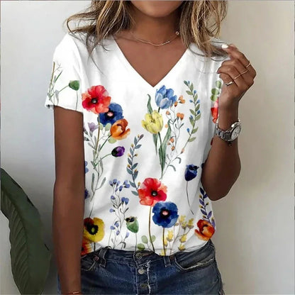 Casual Floral Graphic V-Neck T-Shirt – Loose Fit Women's Top