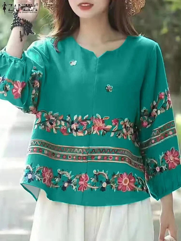 Retro Chic V-Neck Lantern Sleeve Top - BritishElegance