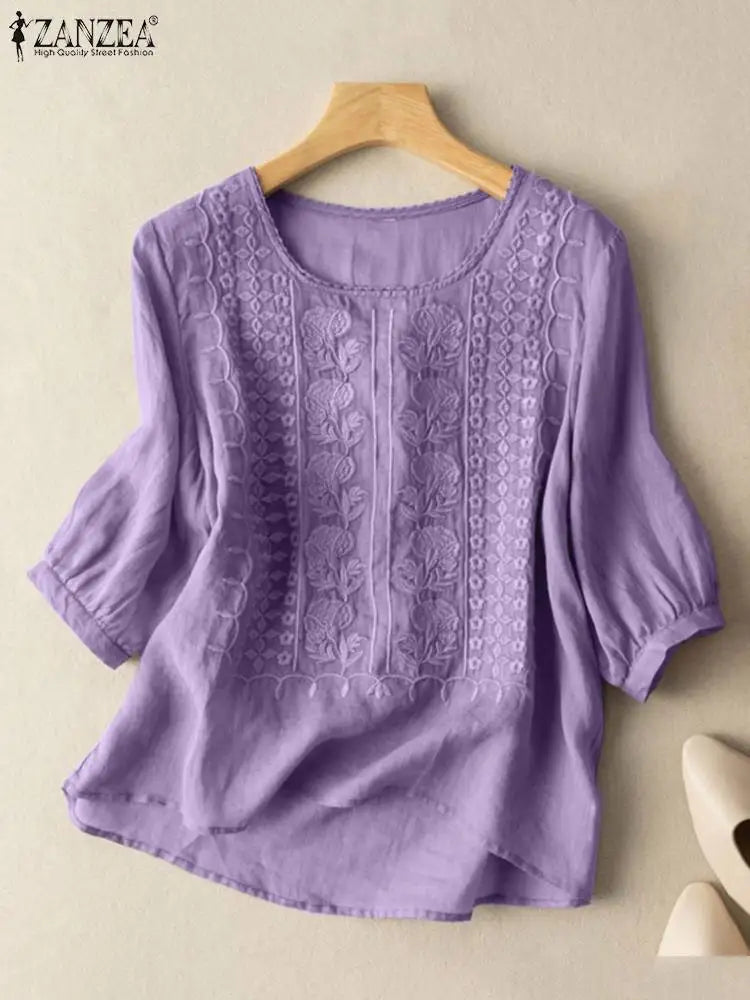 Chic Lace Embroidered 3/4 Sleeve Women's Top