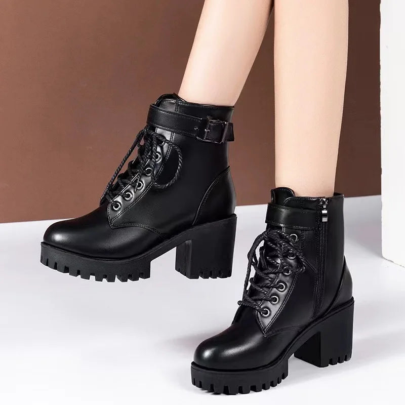 Comfortable Women's Low Heel Ankle Boots Waterproof Lace Up - BritishElegance
