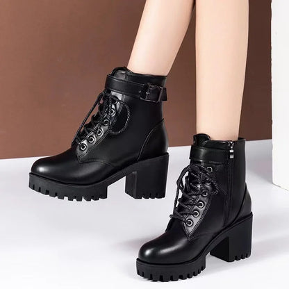 Comfortable Women's Low Heel Ankle Boots Waterproof Lace Up - BritishElegance