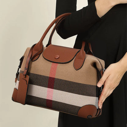 Classic Checkered Tote Bag - Canvas and Leather - BritishElegance