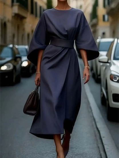 Valencia – Structured A-Line Midi Dress with Belted Waist