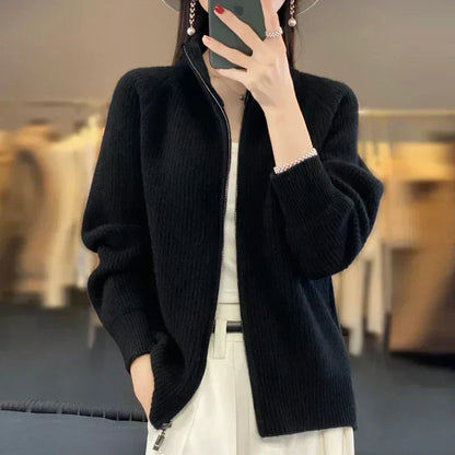 Soft 100% Wool Zip Up Women's Cardigan Sweater