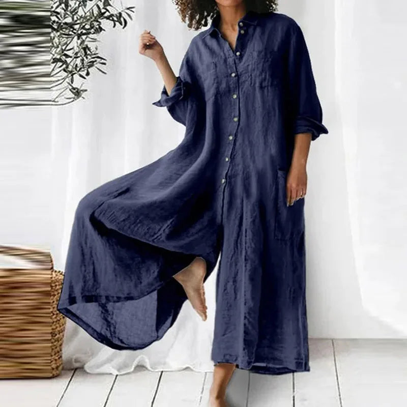 Chic Ladies Long Linen Summer Dress with Buttons - BritishElegance