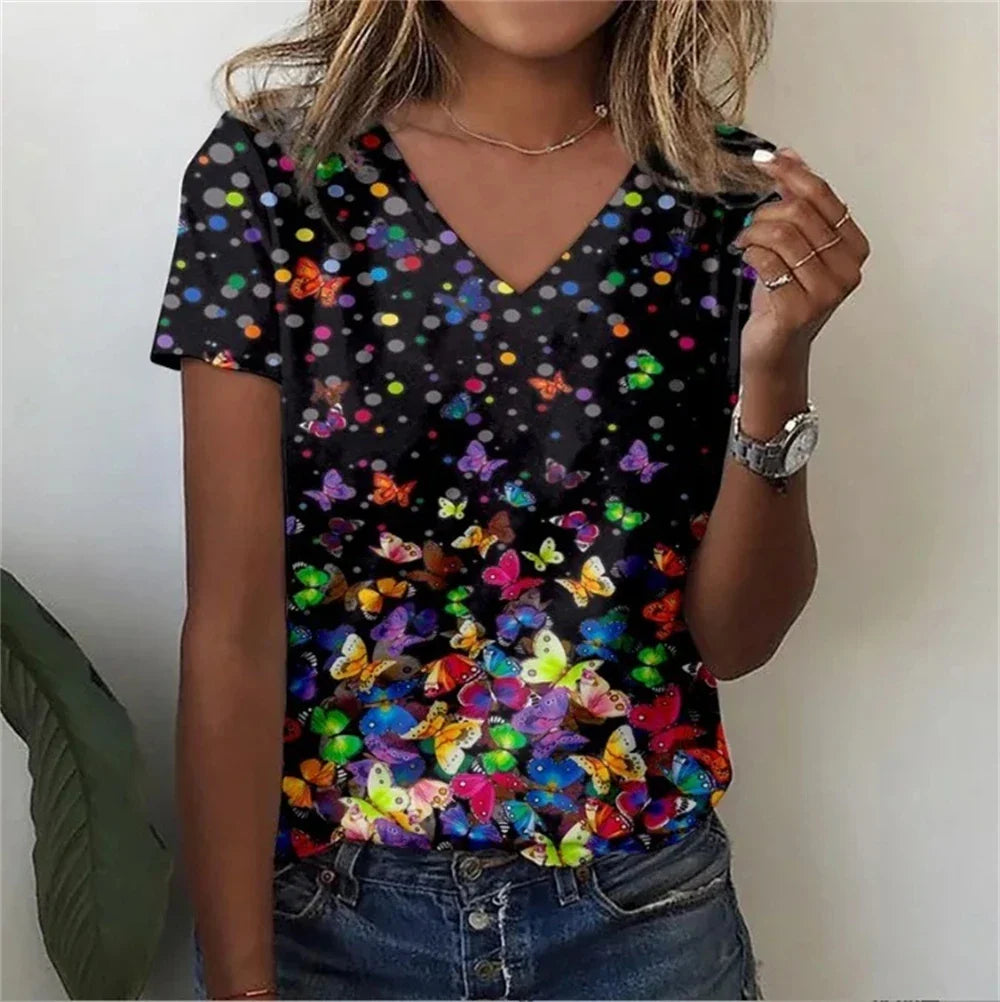 Casual Floral Graphic V-Neck T-Shirt – Loose Fit Women's Top