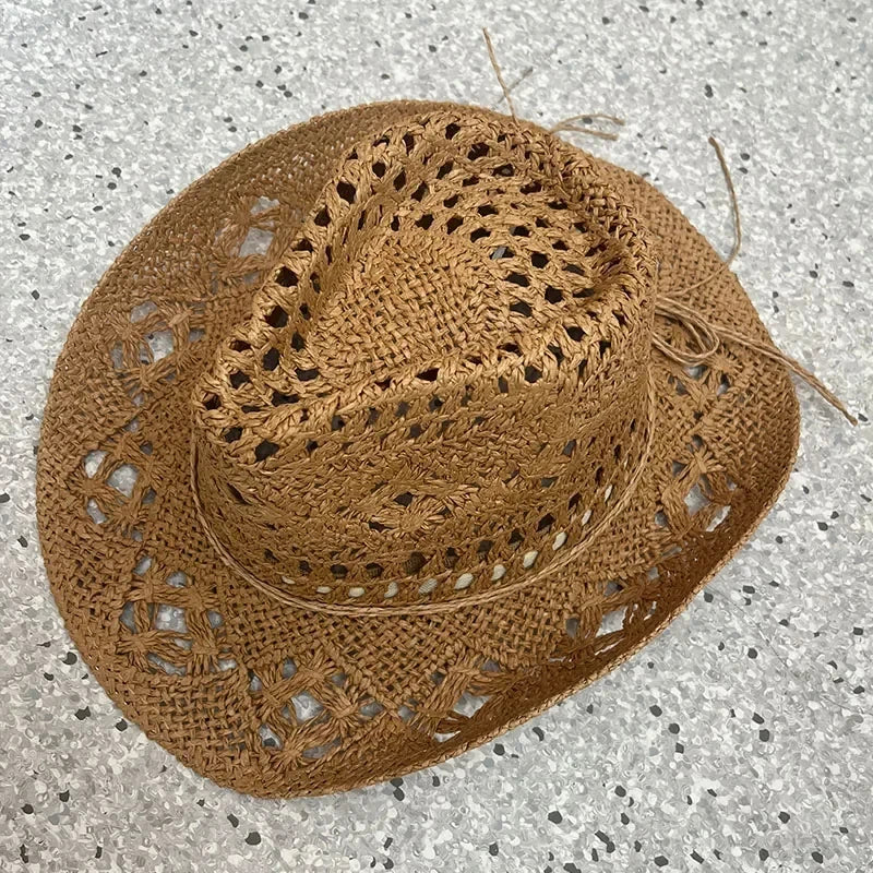 Rustic Natural Fiber Cowboy Hat - Brown Wooden Beads