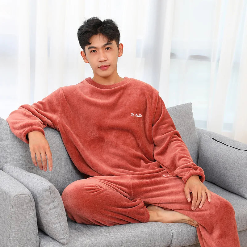 Plush Red Soft 2-Piece Pajama Set for Men