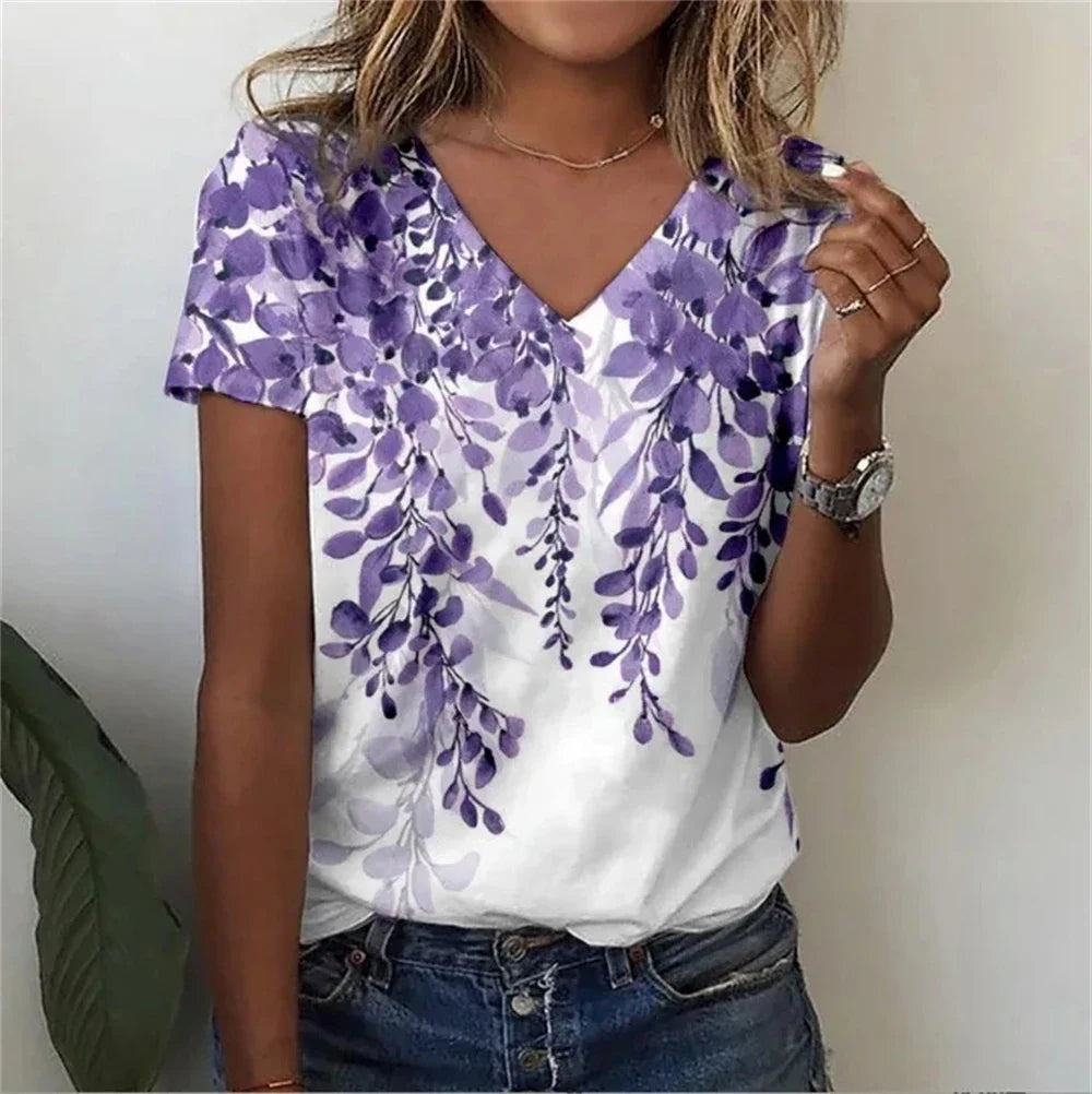 Casual Floral Graphic V-Neck T-Shirt – Loose Fit Women's Top