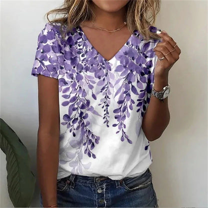 Casual Floral Graphic V-Neck T-Shirt – Loose Fit Women's Top