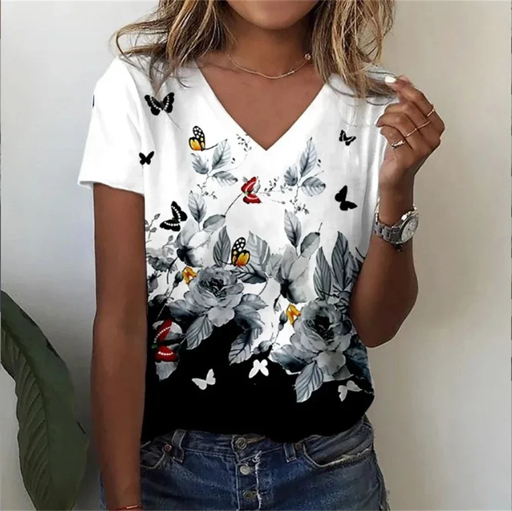 Casual Floral Graphic V-Neck T-Shirt – Loose Fit Women's Top