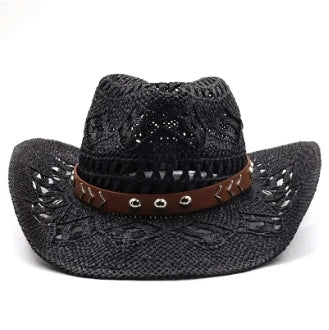 Rustic Natural Fiber Cowboy Hat - Brown Wooden Beads