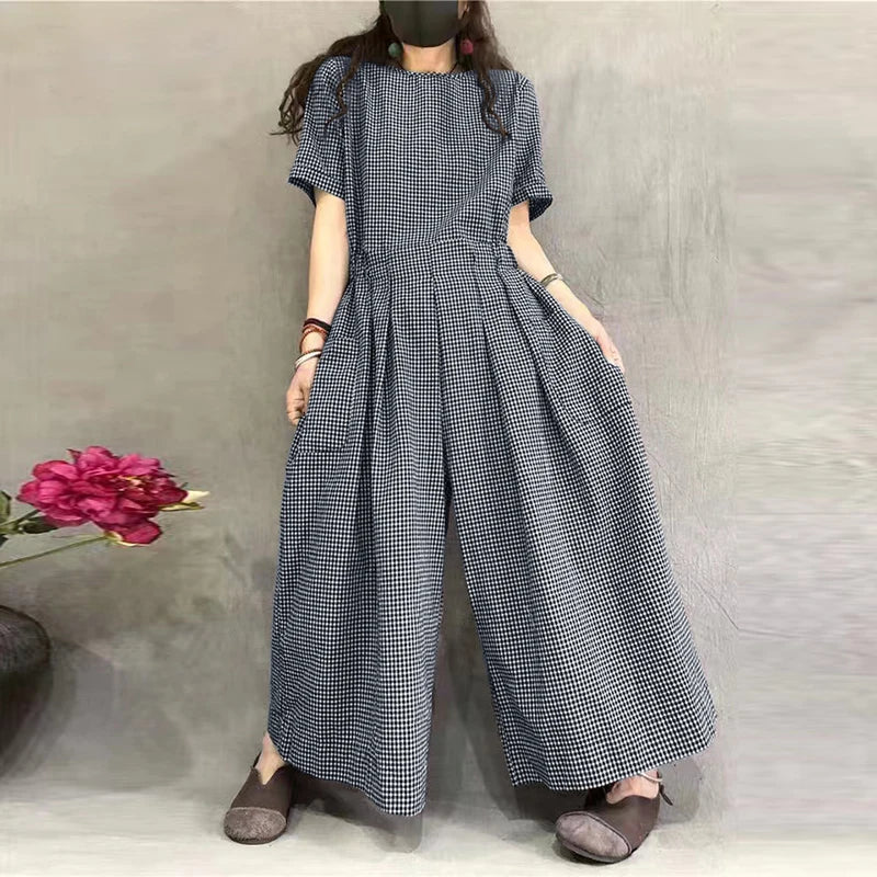 Classic Plaid Loose-Fit Jumpsuit - Relaxed Fit Romper