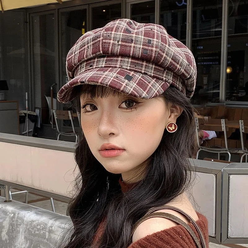 Classic Check Winter Beret Hat for Ladies