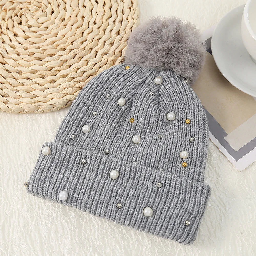 Sparkly Beaded Winter Pom Pom Hat