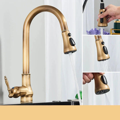 Classic Brass Kitchen Faucet With Rotating Spout And Dark Finish