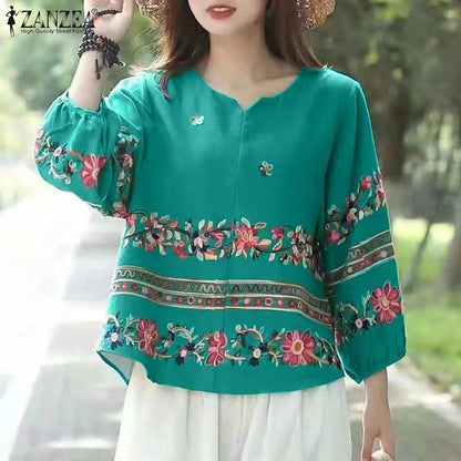 Retro Chic V-Neck Lantern Sleeve Top