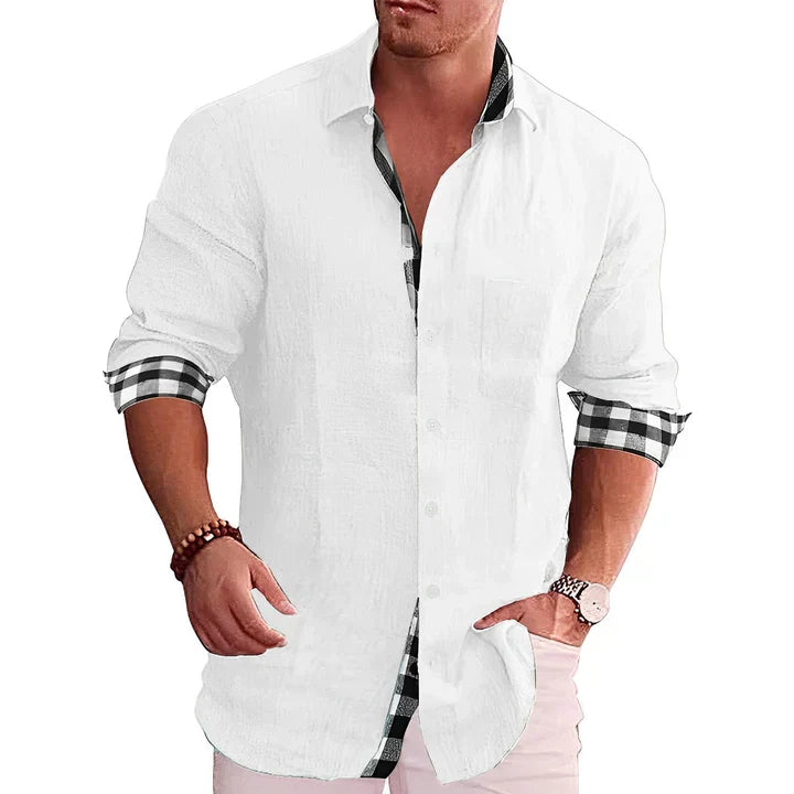 Men's casual shirt featuring contrast details and rolled sleeves