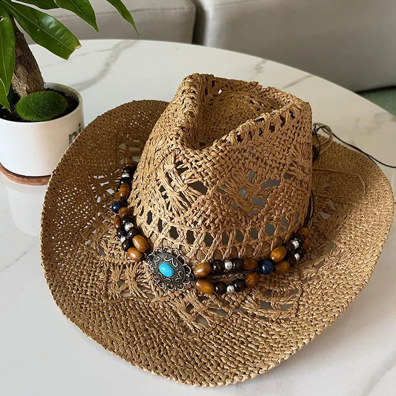 Rustic Natural Fiber Cowboy Hat - Brown Wooden Beads - BritishElegance