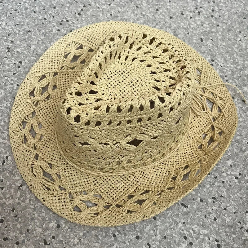 Rustic Natural Fiber Cowboy Hat - Brown Wooden Beads