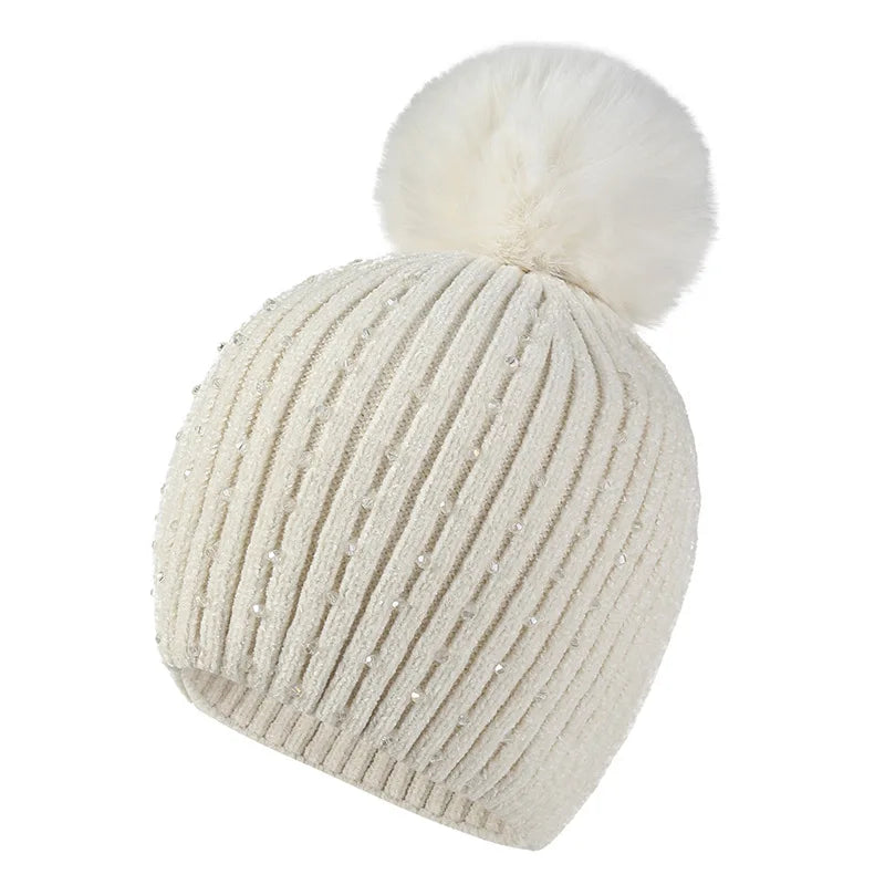 Sparkly Beaded Winter Pom Pom Hat