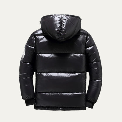 Men’s Glossy Hooded Puffer Jacket with Multi Pockets