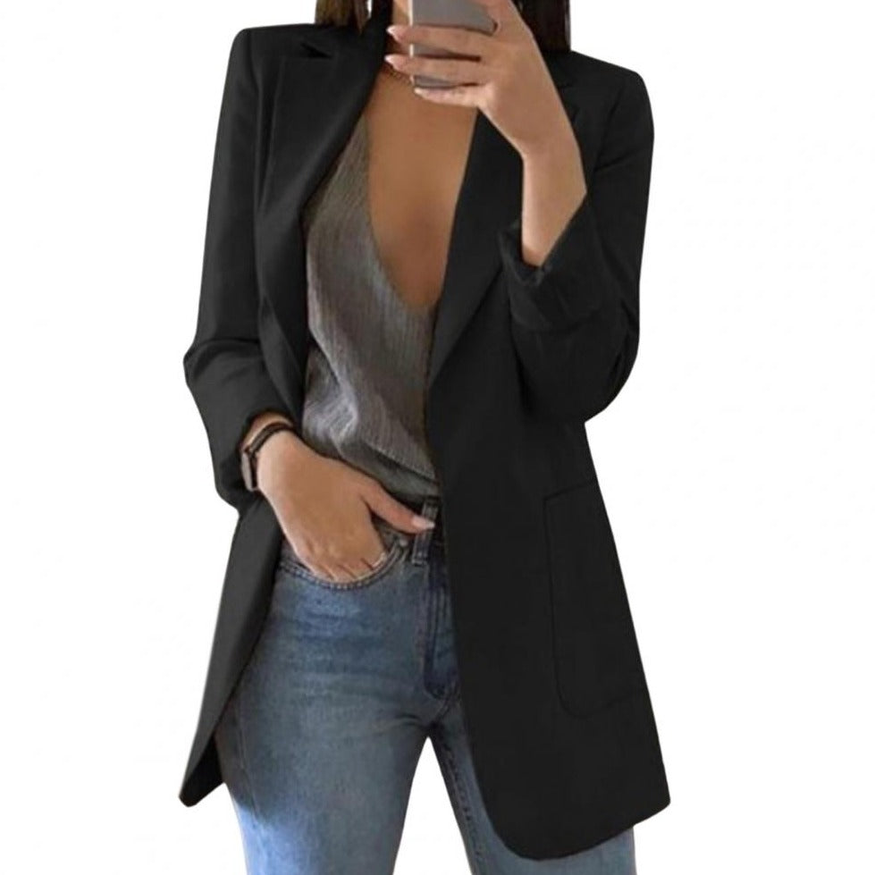 Relaxed Fit Open Front Jacket for Women with Pockets - BritishElegance