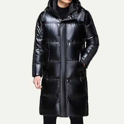 Men’s Long Glossy Puffer Coat with Integrated Hood